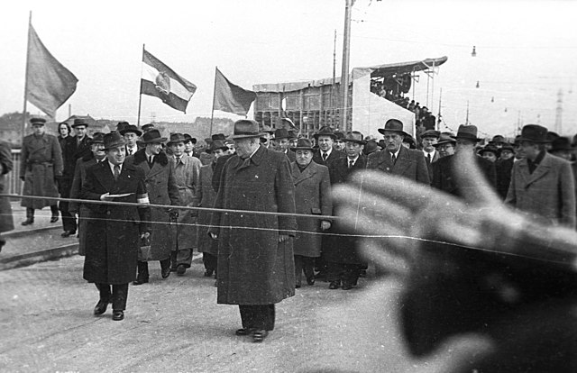 Mátyás Rákosi, leader of Hungary, at the head of a parade.