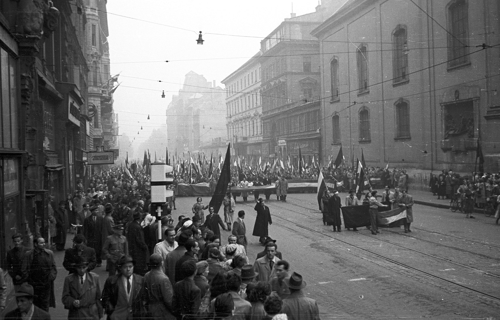 Protestors marching in Budapest carrying Hungarian flags.